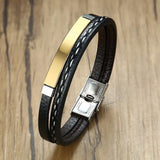 Heren armband clean design met zwart leer, roestvrij staal en goudkleurig accent. Fashion, mode