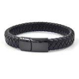 Heren armband. Gevlochten zwarte leren armband voor heren. Roestvrij stalen zwartkleurige moderne sluiting. Mode fashion mannen
