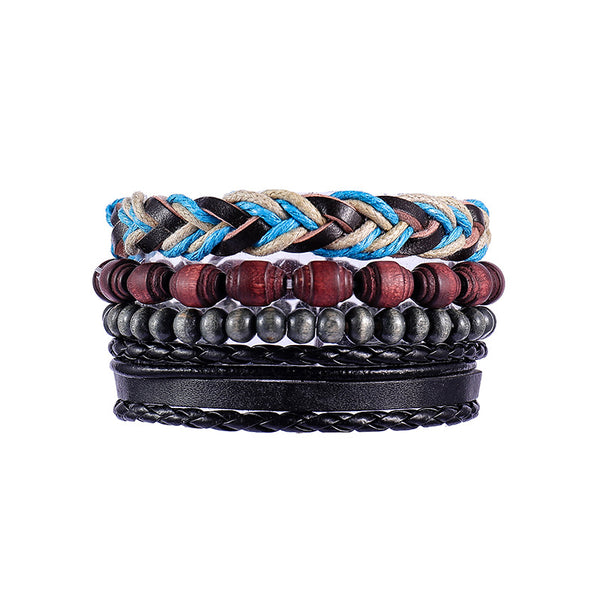 FASHIONA - armband boho stijl - Heren. Brede armband in donkere natuurkleuren. Gemaakt van kralen, touw en leer.