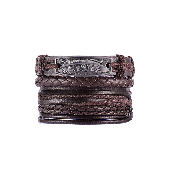 FASHIONA - armband boho stijl - Heren. Brede armband in donkere natuurkleuren en veer. Gemaakt van kralen, touw en leer. 2