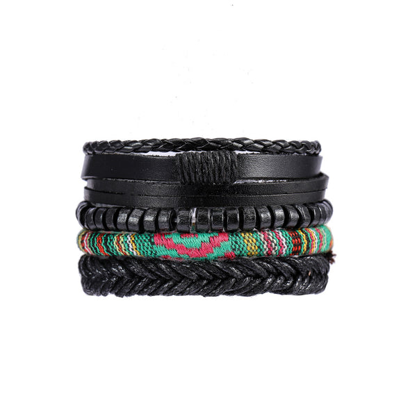 FASHIONA - armband boho stijl - Heren. Brede armband in donkere natuurkleuren en groen gevlochten hippie design. Gemaakt van kralen, touw en leer. 4