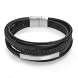 Heren armband clean design met zwart leer, roestvrij staal en magnetisch roestvrij stalen schuifsysteem sluiting. Fashion, mode