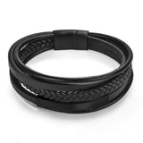 Heren armband clean design met zwart leer, roestvrij staal en zwartkleurig magnetische roestvrij stalen sluiting. Fashion, mode