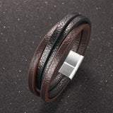 Heren armband met zwart en bruin leer, roestvrij staal en magnetisch roestvrij stalen sluiting. Fashion, mode
