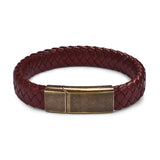 Gevlochten leren donkerrode armband voor heren. Roestvrij stalen bronskleurige sluiting. Vintage look. Mode fashion mannen