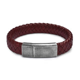 Gevlochten leren donkerrode armband voor heren. Roestvrij stalen zilverkleurige sluiting. Vintage look. Mode fashion mannen