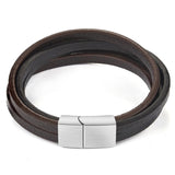 Heren armband met zwart en bruin leer, roestvrij staal en magnetisch roestvrij stalen sluiting. Fashion, mode