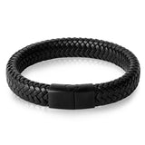 Gevlochten zwarte leren armband voor heren. Roestvrij stalen zwartkleurige sluiting. Mode fashion mannen