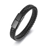 Gevlochten zwarte leren armband voor heren. Roestvrij stalen zwartkleurige moderne sluiting. Mode fashion mannen
