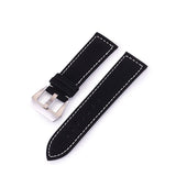 Horlogeband van zwart nubuck leer met wit stiksel. Roestvrij stalen gesp. Fashion, mode, horloge heren.