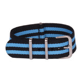 NATO horlogeband. Zwart, blauw, zwart met roestvrij stalen gesp. Fashion, mode, horloge heren.