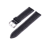 Horlogeband met vintage look. Zwart leer met wit stiksel en roestvrij stalen gesp. Fashion, mode, horloge heren