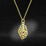 Damesketting van roestvrij staal. Lotusblad, goudkleurig. Mode, fashion, accessoires.