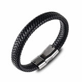 Heren smalle gevlochten armband clean design met zwart leer, roestvrij staal en magnetisch roestvrij stalen kliksysteem sluiting. Fashion, mode