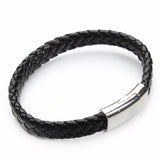 Heren smalle gevlochten armband clean design met zwart leer, roestvrij staal en magnetisch roestvrij stalen kliksysteem sluiting. Fashion, mode