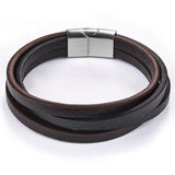 Heren armband met zwart en bruin leer, roestvrij staal en magnetisch roestvrij stalen sluiting. Fashion, mode