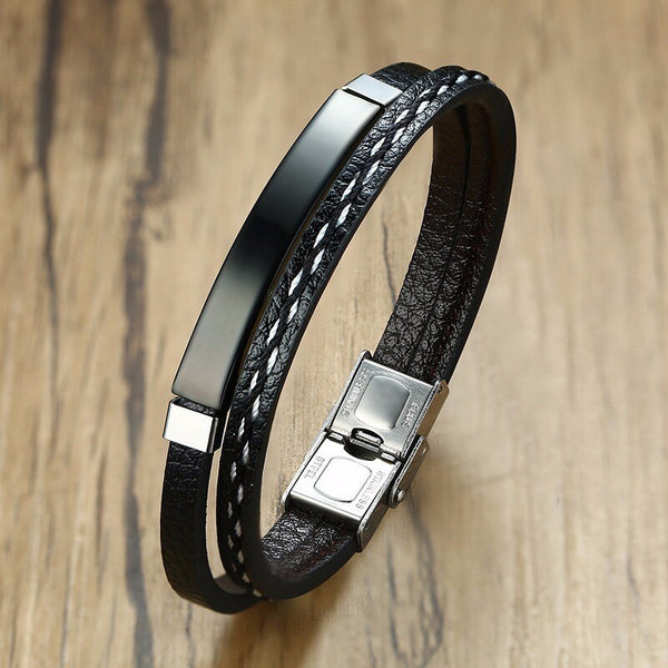 Heren armband clean design met zwart leer, roestvrij staal. Fashion, mode