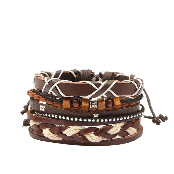 FASHIONA - armband boho stijl - Heren. Brede armband in donkere natuurkleuren. Gemaakt van kralen, touw en leer.2