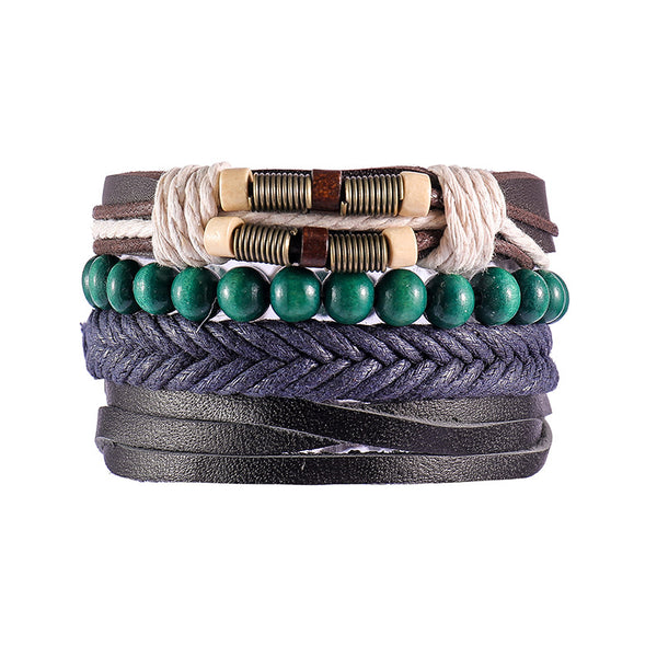 FASHIONA - armband boho stijl - Heren. Brede armband in donkere natuurkleuren. Gemaakt van kralen, touw en leer.