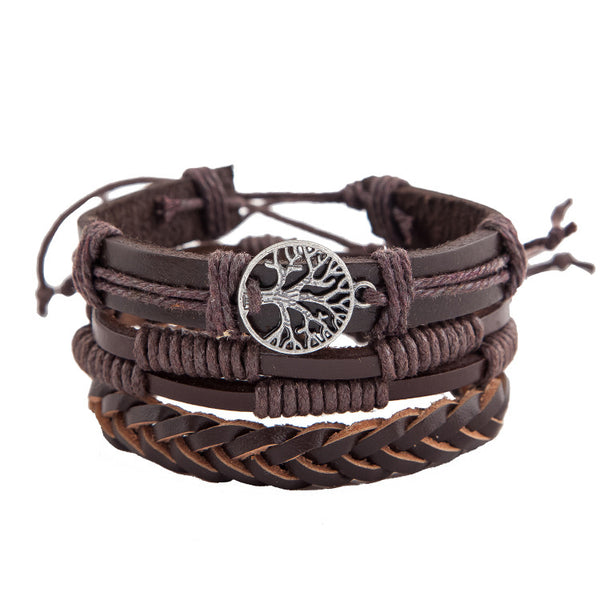 FASHIONA - armband boho stijl - Heren. Brede armband in donkere natuurkleuren en tree of life. Gemaakt van kralen, touw en leer. 3