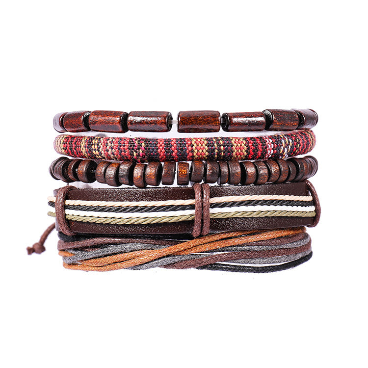 FASHIONA - armband boho stijl - Heren. Brede armband in natuurkleuren. Gemaakt van touw , kralen en leer.