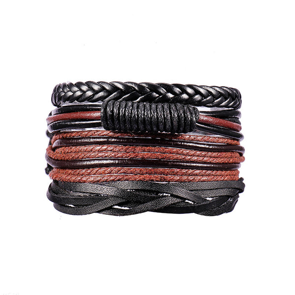 FASHIONA - armband boho stijl - Heren. Brede armband in donkere natuurkleuren. Gemaakt van touw en leer.