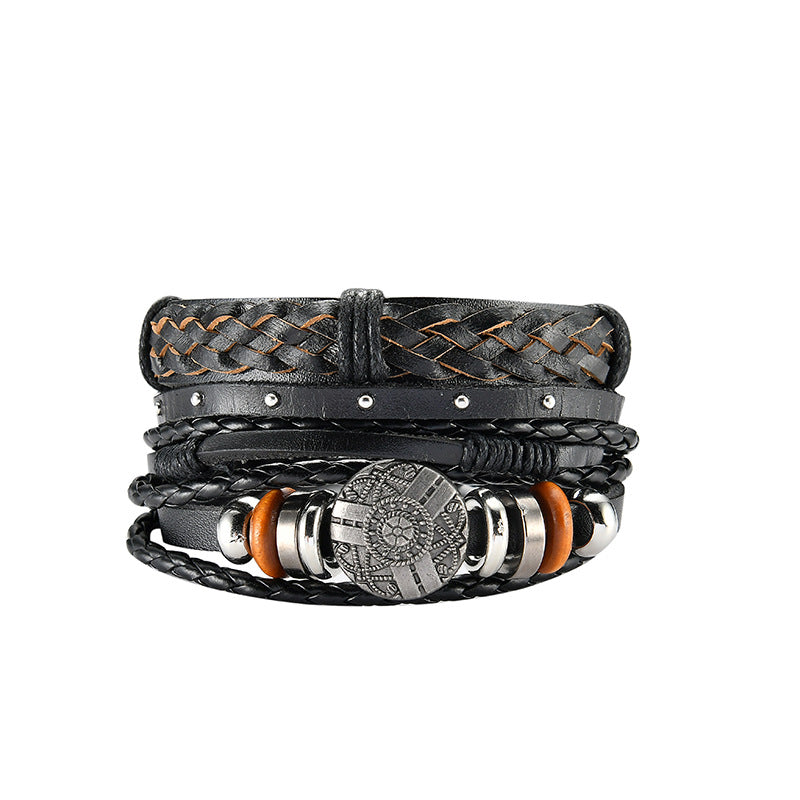 FASHIONA - armband boho stijl - Heren. Brede armband in bruine natuurkleuren. Gemaakt van touw, metaal en leer.