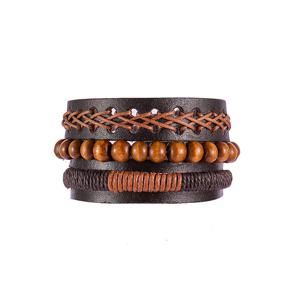 FASHIONA - armband boho stijl - Heren. Brede armband in donkere natuurkleuren. Gemaakt van touw, kralen en leer.