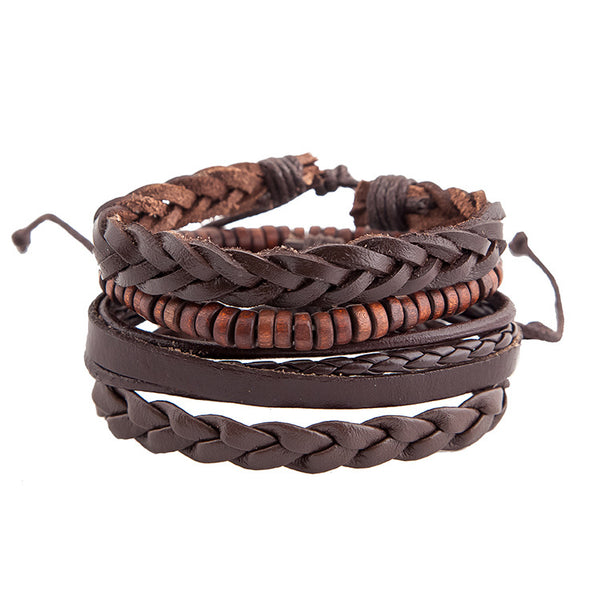 FASHIONA - armband boho stijl - Heren. Brede armband in bruine natuurkleuren. Gemaakt van touw, kralen en leer.