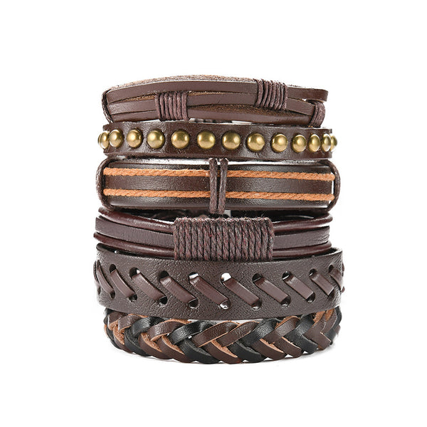 FASHIONA - armband boho stijl - Heren. Brede armband in bruine natuurkleuren. Gemaakt van touw, metaal en leer.