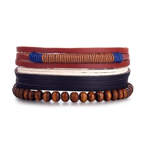 Heren brede armband in natuurkleuren. Gemaakt van kralen, touw en leer.
