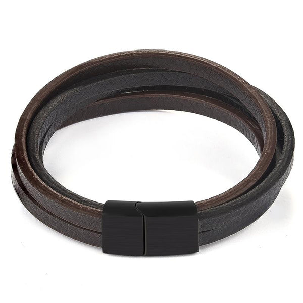 Heren  armband met zwart en bruin leer, roestvrij staal en zwarte magnetisch roestvrij stalen sluiting. Fashion, mode