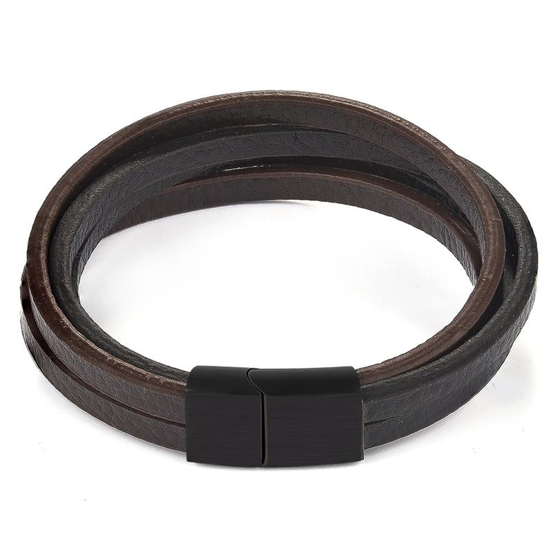 Heren  armband met zwart en bruin leer, roestvrij staal en zwarte magnetisch roestvrij stalen sluiting. Fashion, mode