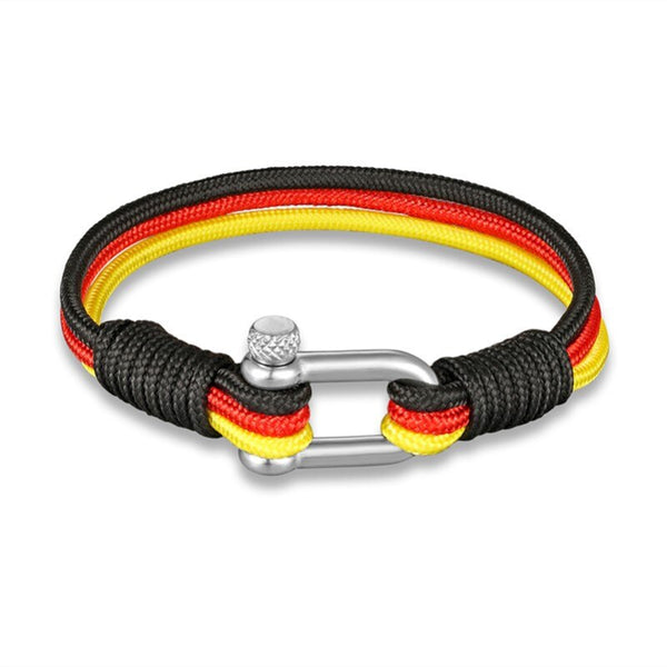 Heren armband Duitse vlag. Zwart, rood, geel. Gemaakt van touw en een roestvrij stalen sluiting.