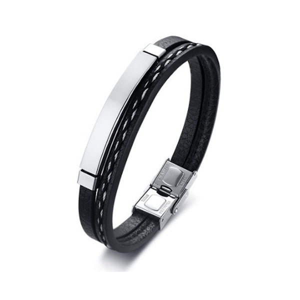 Heren armband clean design met zwart leer, roestvrij staal en zilverkleurig accent. Fashion, mode