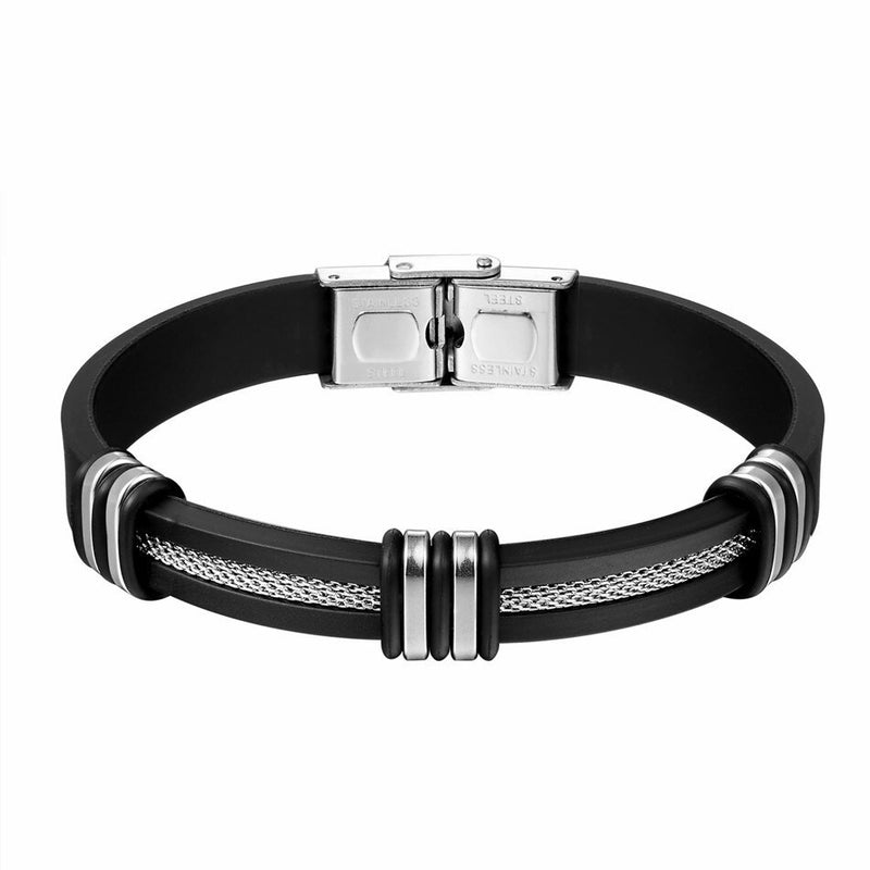 Heren armband clean design met zwart rubber, roestvrij staal en zilverkleurig accent. Fashion, mode